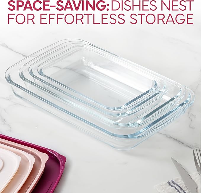 COOK WITH COLOR 8-Piece Deep Glass Baking Dish Set with Plastic Lids – Casserole and Food Storage Containers for Lasagna, Leftovers – Freezer-to-Oven, Microwave & Dishwasher Safe, Rose