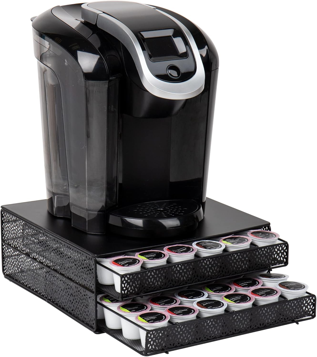 Mind Reader Single Serve Coffee Pod Organizer with 2 Drawers, 72 Pod Capacity, Metal Mesh, 13"L x 12.75"W x 5"H, Black