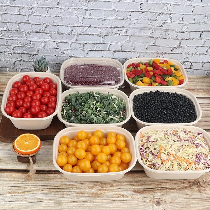 44 oz Disposable salad bowls with lids, Sugarcane Fiber Paper Bowls take away food containers meal prep Plant Fiber deli container 50 Pack