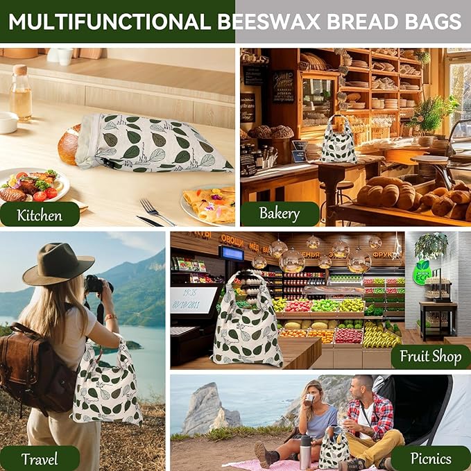 Beeswax Bread Bags for Homemade Sourdough, Sourdough Bread Bag with Zipper, 2 Pack Cotton Large Food Storage Bags to Keep Fresh