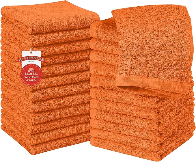RIVERSIDE 24 Pack Washcloths Set - 100% Cotton [12x12 Inches] - Soft, Quick-Dry & Highly Absorbent Face Towels - Perfect for Bathroom, Gym, Hotel, Spa & Travel - Orange