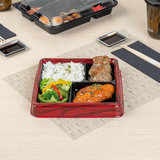 Restaurantware-Bento Tek 17.9 Ounce Meal Prep Containers, 100 Disposable To Go Food Boxes - Lids Sold Separately, 4 Compartments, Red And Black Plastic Bento Lunch Boxes, Freezable, For Take Out