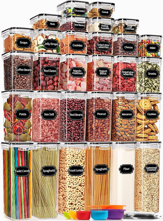 PRAKI 30 Pack Airtight Food Storage Containers for Kitchen Pantry Organizers and Storage, Plastic Kitchen Storage Canisters with Lids,Cereal, Flour & Sugar Containers - Labels, 6 Spoon & Marker