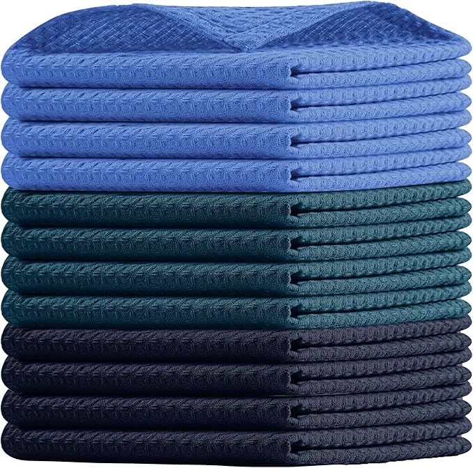 Waffle Dishcloths, 12x12 Inch, Soft, Absorbent, Durable, Quick Drying, Reusable, Machine Washable, 100% Cotton, Ideal for Drying Dishes, Multipurpose Use, 12 Pack, Navy,Teal, Sky Blue