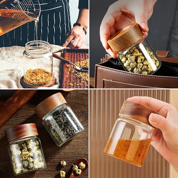 12 oz/350 ml Clear Glass Storage Canister with Airtight Wooden Lid, 4 Pack Small Overnight Oats Containers, Cute Decorative Salad Jar for Snacks Yogurt Spice Sugar Cereal Fruit Coffee Tea
