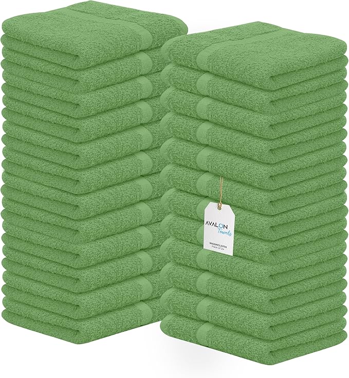 Avalon Towels Cotton Washcloths – (Pack of 24) Size 12x12 Inches, 100% Ring Spun Cotton, Soft & Absorbent Face Towels, Gym Towels, Hotel and Spa Quality, Reusable Fingertip Towels (Sage Green)