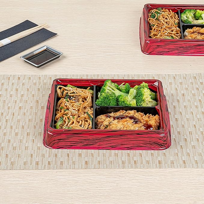 Restaurantware-Bento Tek 16.1 Ounce Meal Prep Containers, 50 Disposable To Go Food Boxes - Lids Sold Separately, 3 Compartments, Red And Black Plastic Bento Lunch Boxes, Freezable, For Take Out