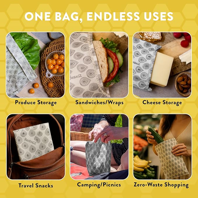 Beeswax Wrap Storage Bag, Reusable Food Storage Bags, Pack of 6, Plastic Free Biodegradable Food Wrap Alternative, Family Pack, 3 Small + 2 Medium + 1 Large, (grey)
