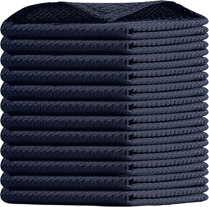 Navy Waffle Dishcloths, 12"x12", Soft, Absorbent, Durable, Quick Drying, 100% Cotton, Reusable, Machine Washable, Ideal for Cleaning, Multipurpose Dish Towels, Set of 12