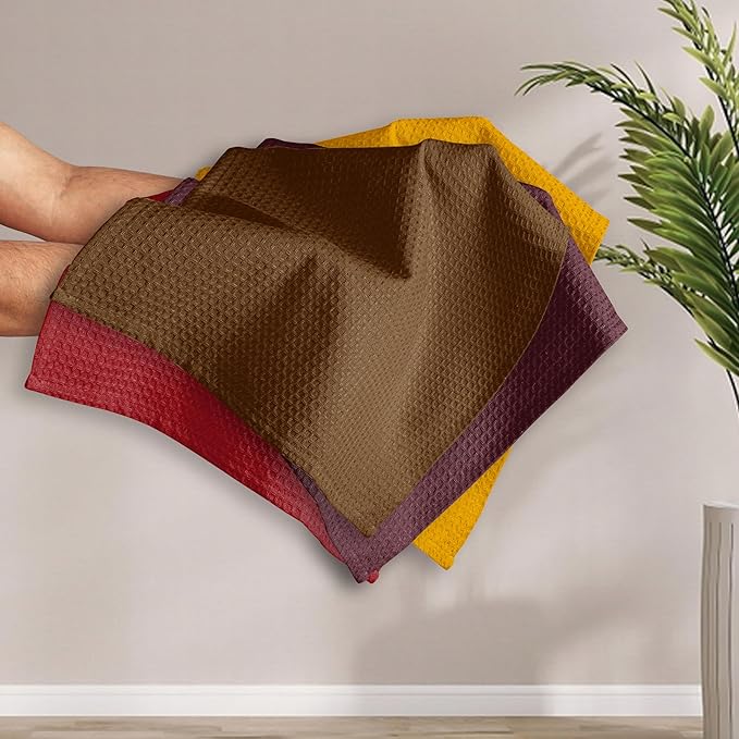 Multicolor Waffle Kitchen Towels, 16"x26", Soft, Absorbent, Durable, Quick Drying, Reusable, 100% Cotton, Ideal for Kitchen Cleaning, Drying Dishes, Set of 4, Brown, Maroon, Red, Yellow