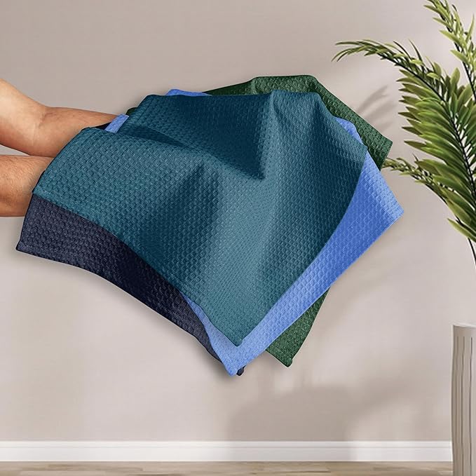 Multicolor Waffle Kitchen Towels, 16"x26", Soft, Absorbent, Durable, Fast Drying, Reusable, 100% Cotton, Ideal for Cleaning, Drying Dishes, Set of 4, Teal, Olive Green, Navy, Sky Blue