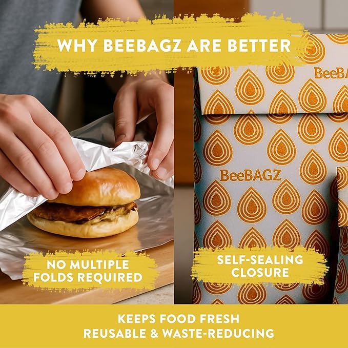Beeswax Wrap Storage Bag, Reusable Food Storage Bags, Pack of 6, Plastic Free Biodegradable Food Wrap Alternative, Family Pack, 3 Small + 2 Medium + 1 Large, (Orange)