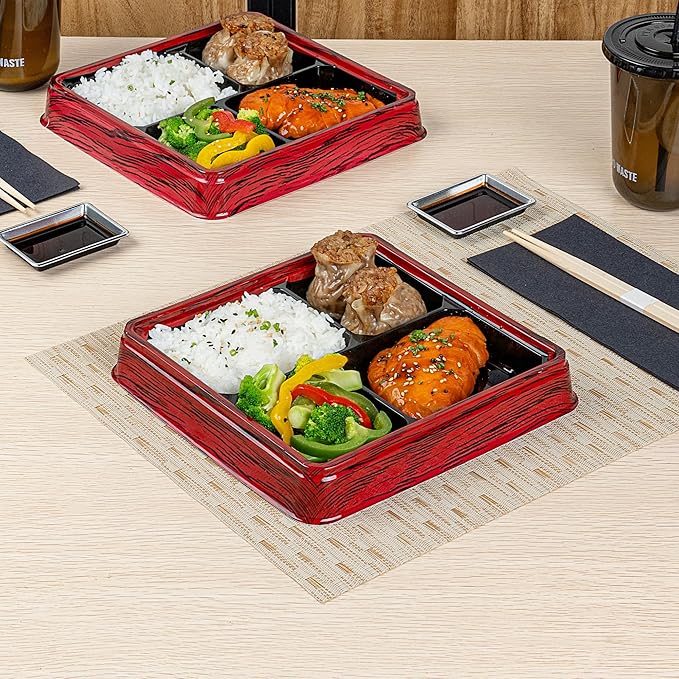 Restaurantware-Bento Tek 17.9 Ounce Meal Prep Containers, 100 Disposable To Go Food Boxes - Lids Sold Separately, 4 Compartments, Red And Black Plastic Bento Lunch Boxes, Freezable, For Take Out