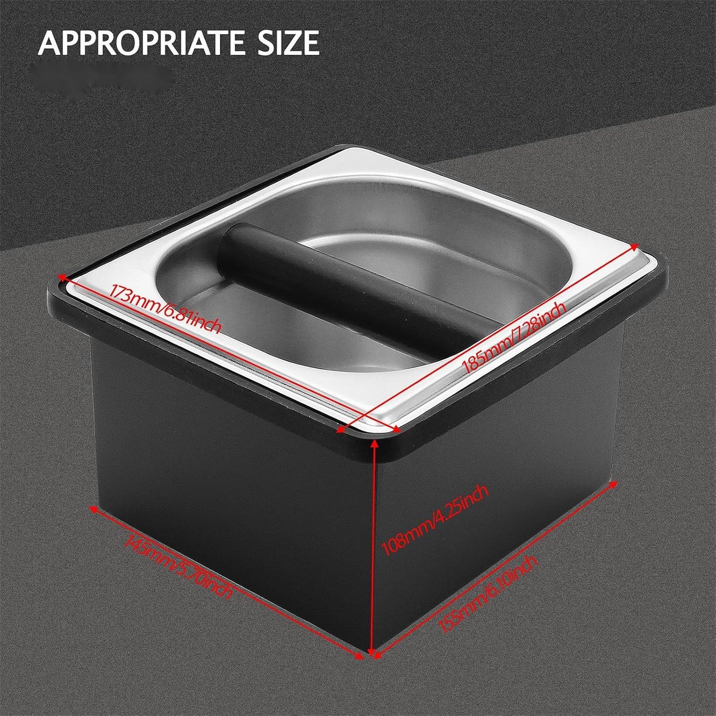 DIBTSA Espresso Knock Box,Stainless Steel Coffee Pucks Container, with Steel Holder and Noise Reduction Rubber Ring (7.28 x 6.8 x 4.25 inch)