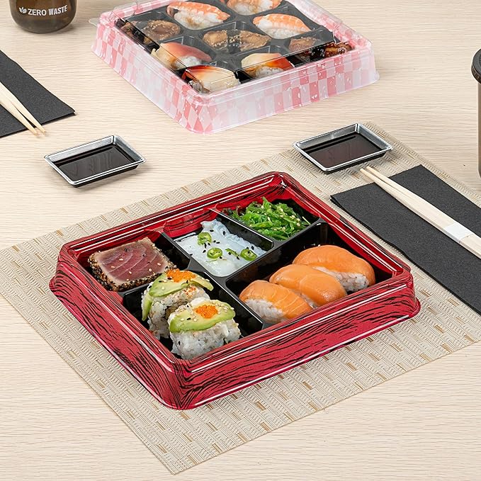 Restaurantware-Bento Tek 18.3 Ounce Meal Prep Containers, 100 Disposable To Go Food Boxes - Lids Sold Separately, 5 Compartments, Red And Black Plastic Bento Lunch Boxes, Freezable, For Take Out