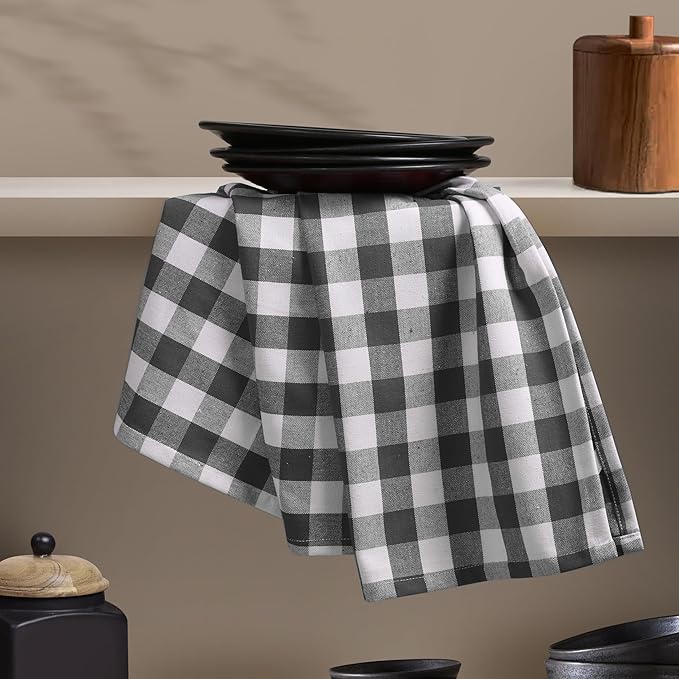 Grey Gingham Kitchen Towels, 18x26 Inches, Soft, Absorbent, Quick Drying, 100% Cotton, Washable & Reusable, Premium Quality Checkered Towels for Drying Dishes, Multipurpose Cleaning