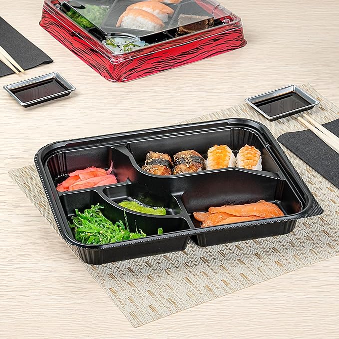 Restaurantware-Bento Tek 26.2 Ounce Meal Prep Containers, 50 Disposable To Go Food Boxes - Lids Sold Separately, 5 Compartments, Black Plastic Bento Lunch Boxes, Microwavable, Freezable