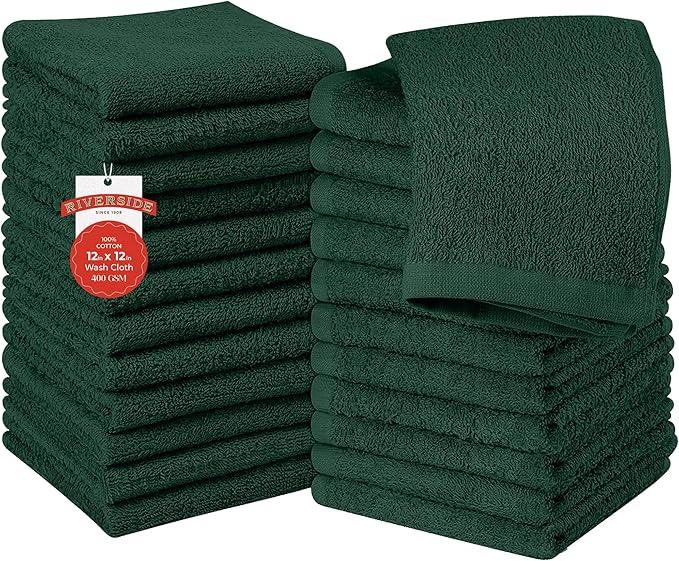 RIVERSIDE 24 Pack Washcloths Set - 100% Cotton [12x12 Inches] - Soft, Quick-Dry & Highly Absorbent Face Towels - Perfect for Bathroom, Gym, Hotel, Spa & Travel - Hunter Green
