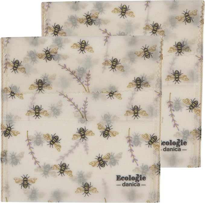 Ecologie by Danica Reusable Beeswax Sandwich Bag Bees, Reusable Food Storage Wrap, W6.5 x L6.5", Set of 2