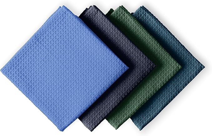 Multicolor Waffle Kitchen Towels, 16"x26", Soft, Absorbent, Durable, Fast Drying, Reusable, 100% Cotton, Ideal for Cleaning, Drying Dishes, Set of 4, Teal, Olive Green, Navy, Sky Blue