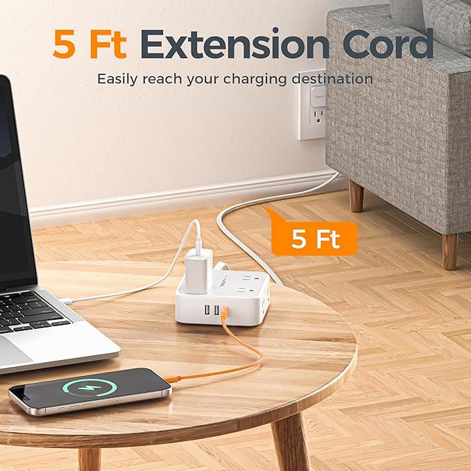TESSAN Surge Protector Power Strip, 5 Ft Flat Plug Extension Cord with 3 USB (1 USB C) 8 Outlets, 900J Surge Protection, 3 Sided Outlet Extender with Power Switch for Office, Dorm Room Essentials