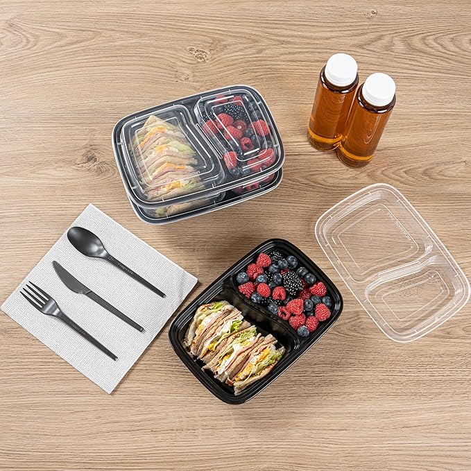 Restaurantware Asporto 32 Ounce Compartment Take Out Boxes, 50 Microwavable Meal Prep Containers - 2 Compartments, With Clear Plastic Lids, Black Plastic Food Containers, Do Not Contain BPA
