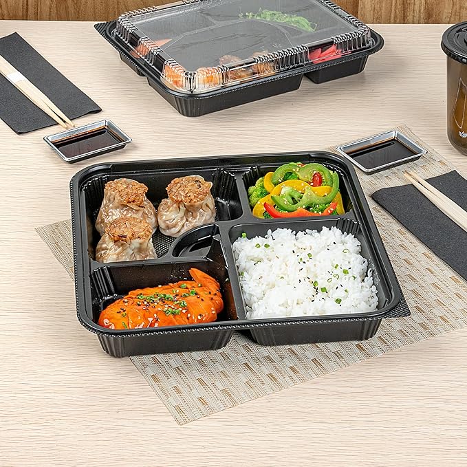 Restaurantware-Bento Tek 39.6 Ounce Meal Prep Containers, 100 Disposable To Go Food Boxes - Lids Sold Separately, 5 Compartments, Black Plastic Bento Lunch Boxes, Microwavable, Freezable