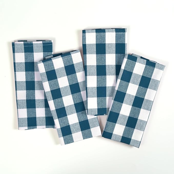 Teal Gingham Kitchen Towels, 18x26 Inches, Soft, Durable, Absorbent, Quick Drying, Washable, 100% Cotton, Checked Towels for Drying Dishes, Drying Hands, and Cleaning