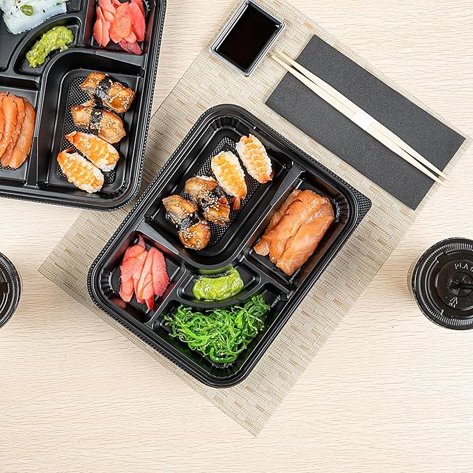 Restaurantware-Bento Tek 26.2 Ounce Meal Prep Containers, 50 Disposable To Go Food Boxes - Lids Sold Separately, 5 Compartments, Black Plastic Bento Lunch Boxes, Microwavable, Freezable