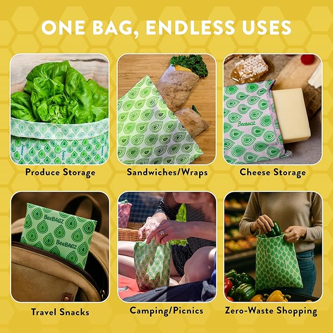 Beeswax Wrap Storage Bag, Reusable Food Storage Bags, Pack of 6, Plastic Free Biodegradable Food Wrap Alternative, Family Pack, 3 Small + 2 Medium + 1 Large, (Green)