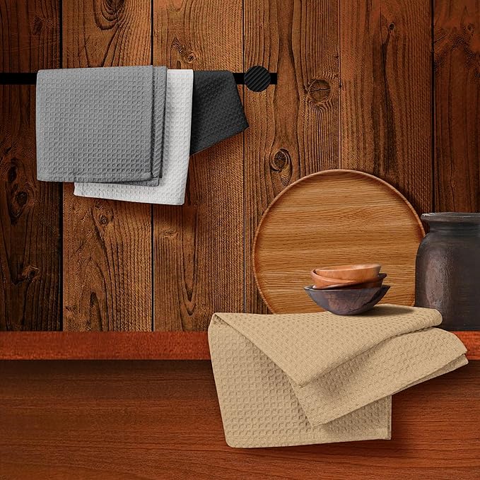 Multicolor Waffle Kitchen Towels, 16x26 Inches, Soft, Absorbent, Durable, Fast Drying, Reusable, 100% Cotton, Ideal for Cleaning, Towels, Set of 4, Black,Grey, Beige, White