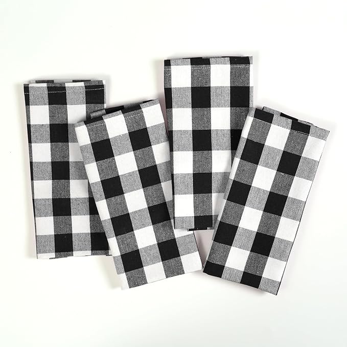 Black Gingham Kitchen Towels, 18x26 Inches, Soft, Absorbent, Durable, Quick Drying, 100% Cotton, Washable & Reusable, Premium Check Towels for Drying Dishes, Drying Hands, and Cleaning