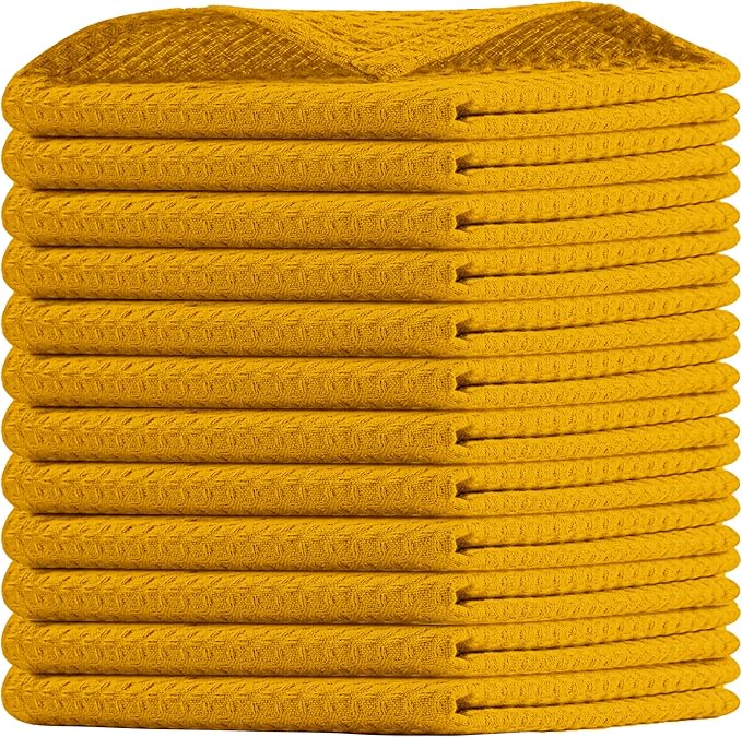 Mustard Yellow Waffle Dishcloths, 12"x12", Absorbent, Soft, Durable, 100% Cotton, Fast Drying, Machine Washable, Reusable, Perfect for Kitchen Cleaning, Multipurpose Towels, Set of 12