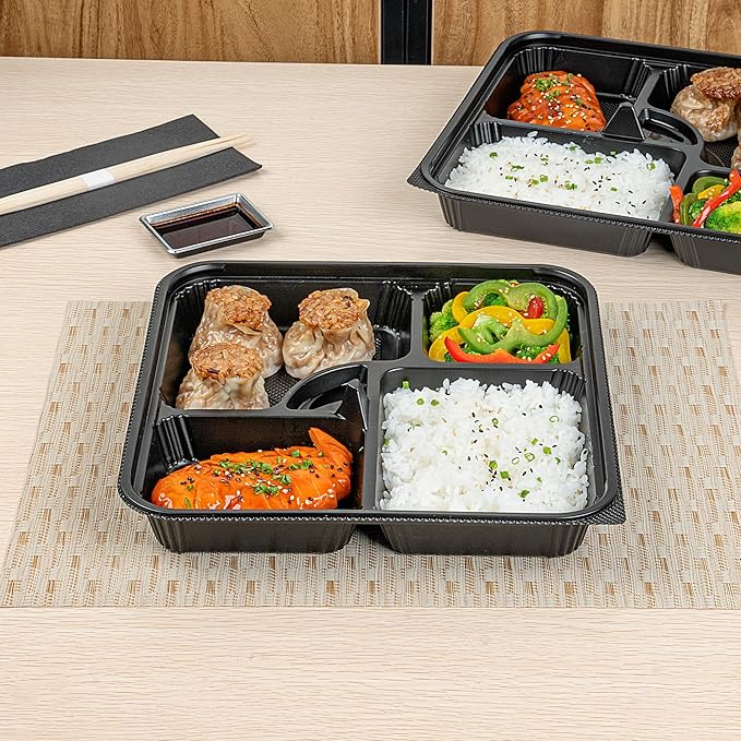Restaurantware-Bento Tek 39.6 Ounce Meal Prep Containers, 100 Disposable To Go Food Boxes - Lids Sold Separately, 5 Compartments, Black Plastic Bento Lunch Boxes, Microwavable, Freezable