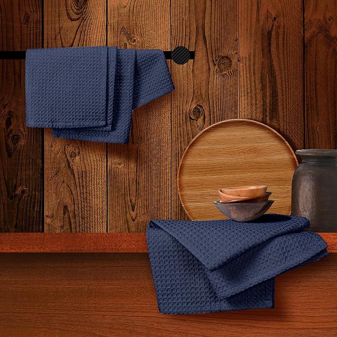 Navy Waffle Kitchen Towels, 16"x26", Soft, Absorbent, Durable, Quick Drying, 100% Cotton, Reusable, Machine Washable, Ideal for Cleaning, Multipurpose Dish Towels, Set of 4