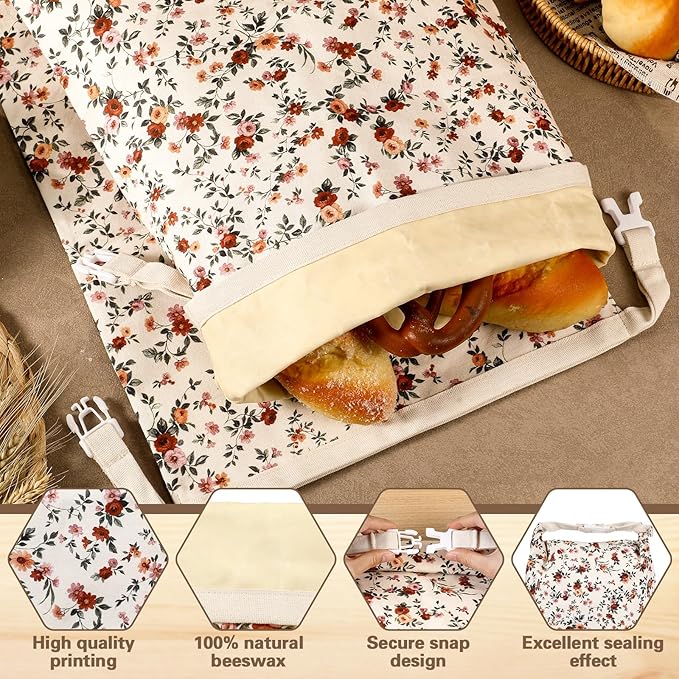 3 Pack Reusable Beeswax Bread Bags and Bowl Cover for Homemade Bread Sourdough, Large Vintage Floral Cotton Natural Beeswax Coating, for Sourdough Loaf Storage to Keep Fresh