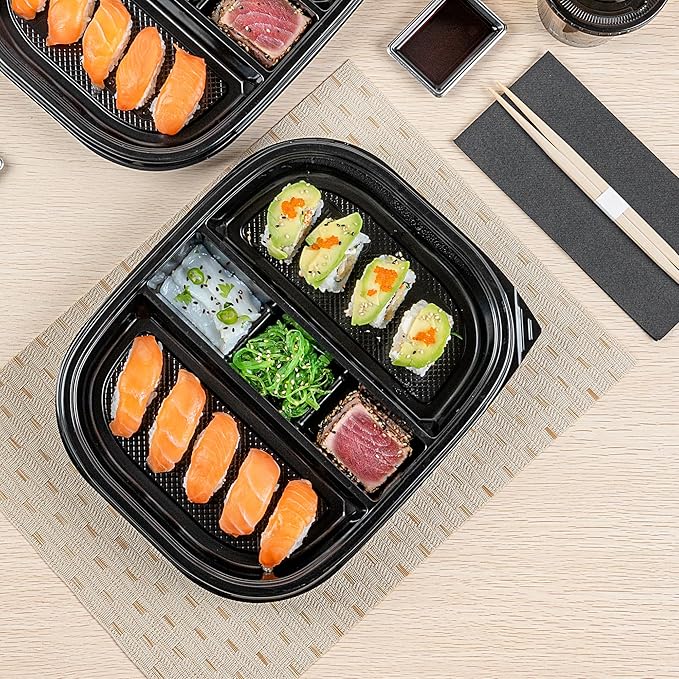 Restaurantware-Bento Tek 50.7 Ounce Meal Prep Containers, 100 Disposable To Go Food Boxes - Lids Sold Separately, 5 Compartments, Black Plastic Bento Lunch Boxes, Freezable, For Take Out