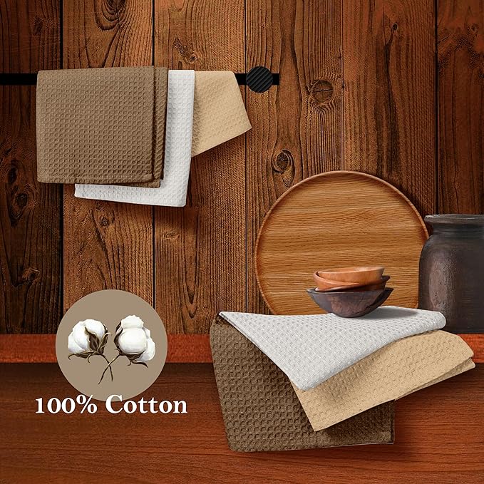 Waffle Dishcloths, 12x12 Inch, Absorbent, Soft, Durable, 100%, Quick Drying, Reusable, Ideal for Kitchen Cleaning, Cotton Hand Towels, Set of 12, Brown, Beige, White