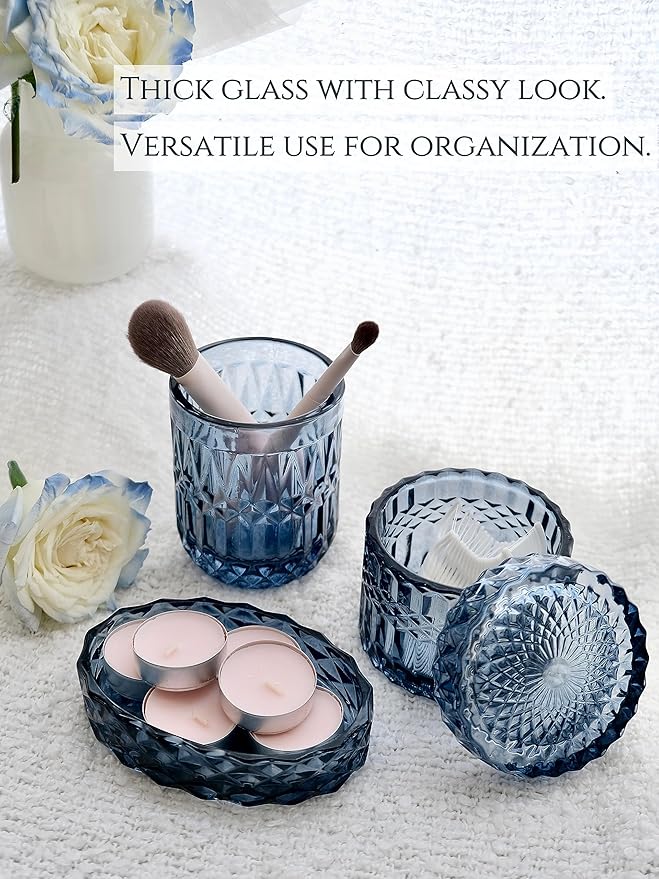 Blue Bathroom Accessories Set, 5Pcs Clear Glass Bathroom Accessories, Hand Soap Dispenser, Soap Dish, Toothbrush Holder Set, Qtips Holder for Crystal Vantage Bath Countertop Decor, Gift Set