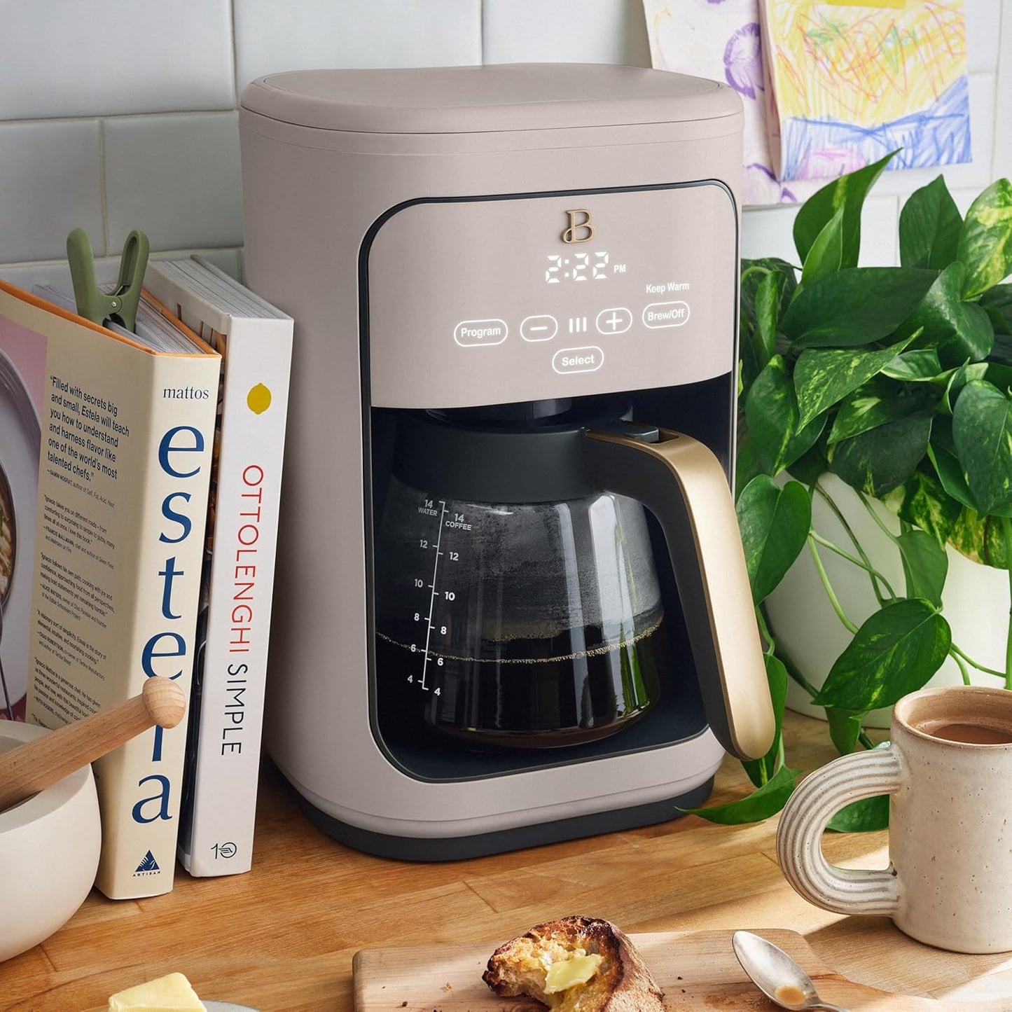 Beautiful Coffee Maker, 14-Cup, Touch-Activated Display, Programmable, Automatic Shut-Off, 1200W, Keep Warm, 24h Timer (Porcini Taupe)