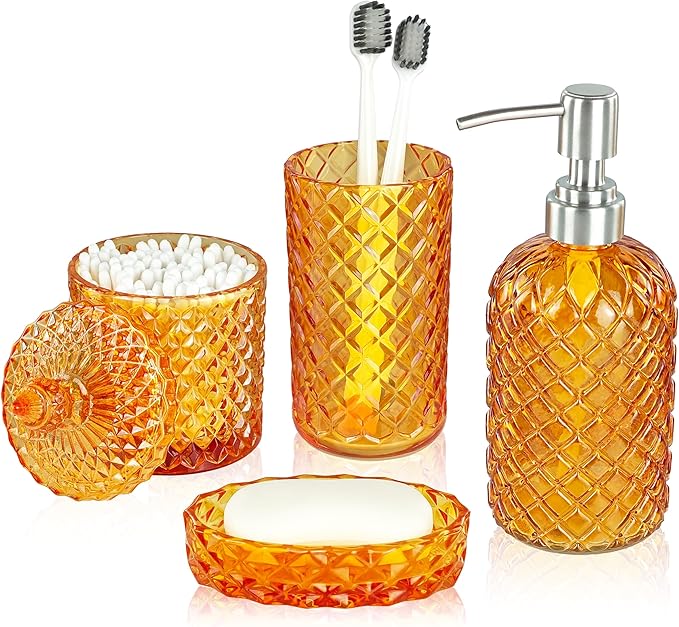Orange Bathroom Accessorires Set, 4Pcs Clear Glass Bathroom Accessories, Burnt Orange Lotion Soap Dispenser, Toothbrush Holder Set, Soap Dish, Qtips Holder for Modern Vibrant Bathroom Decor
