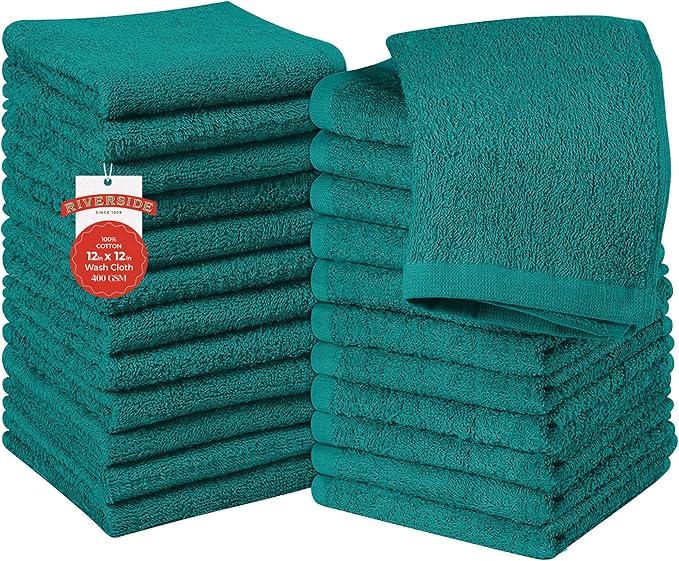 RIVERSIDE 24 Pack Washcloths Set - 100% Cotton [12x12 Inches] - Soft, Quick-Dry & Highly Absorbent Face Towels - Perfect for Bathroom, Gym, Hotel, Spa & Travel - Teal