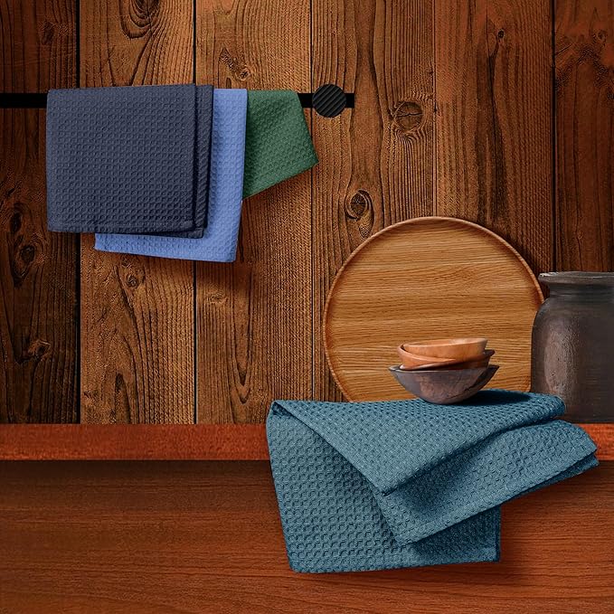 Multicolor Waffle Kitchen Towels, 16"x26", Soft, Absorbent, Durable, Fast Drying, Reusable, 100% Cotton, Ideal for Cleaning, Drying Dishes, Set of 4, Teal, Olive Green, Navy, Sky Blue