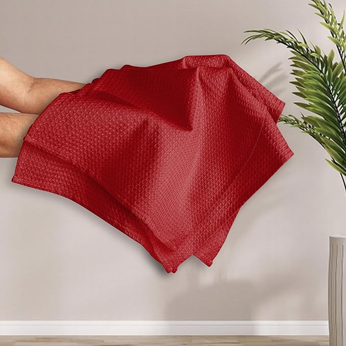 Red Waffle Kitchen Towels, 16x26 Inch, Absorbent, Soft, 100% Cotton, Quick Drying, Reusable, Machine Washable, Perfect for Kitchen Cleaning, Multipurpose Towel for Everyday Use, 4 Pack