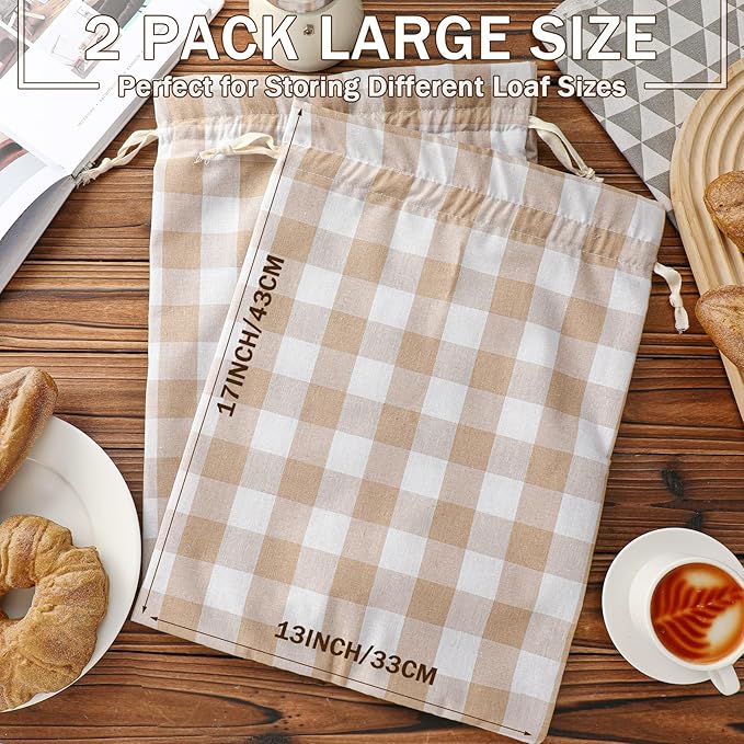 2 Pcs Linen Bread Bags for Homemade 13 x 17 Inches Sourdough Bread Container Reusable Linen Storage Bag with Plastic Saver Natural Large Storage for Artisan Bag(Classic Style)