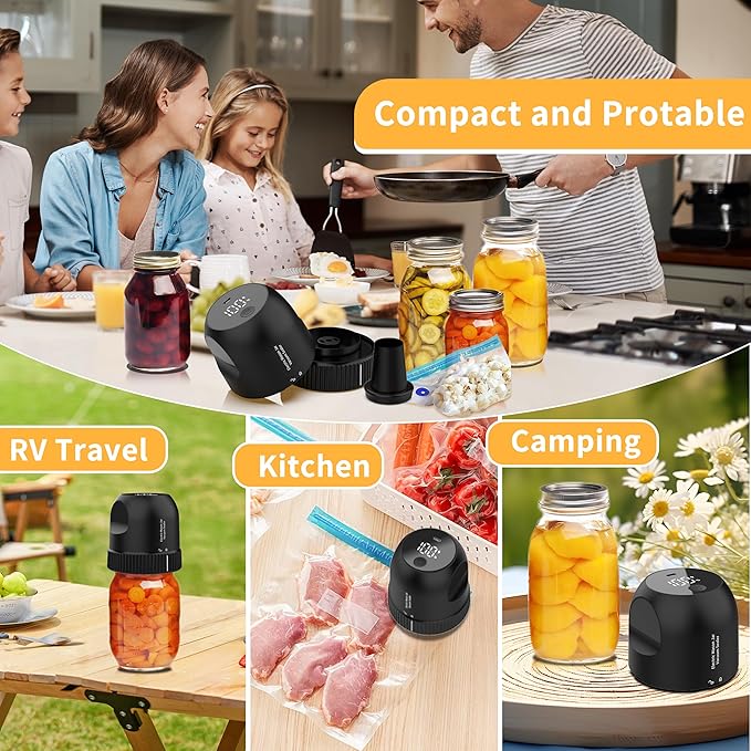 Mason Jar Vacuum Sealer Kit, 3 in 1 Auto Stop Electric Jar Vacuum Sealer for Mason Jars for Wide & Regular Mouth Mason Jars & Sous Vide Bags, Portable Compact Vacuum Seal for Jar Food Storage Black
