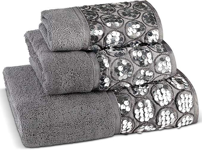 Zahari Home Sinatra Modern Bathroom Towel Set 3 Piece Towel Bath Towel, Hand Towel and Wash Towel Luxury Contemporary Decor Bling Silver Bath Towel Sets Soft, Plush and Highly Absorbent