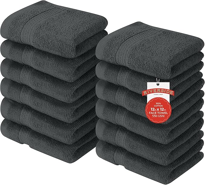 RIVERSIDE 12 Pack Premium 100% Cotton Face Washcloths, 550 GSM, 12 x 12 Inches, Soft, Absorbent Towels for Body & Shower, Bathroom Wash Clothes, Durable Face Towels Set for Spa, Gym, Grey