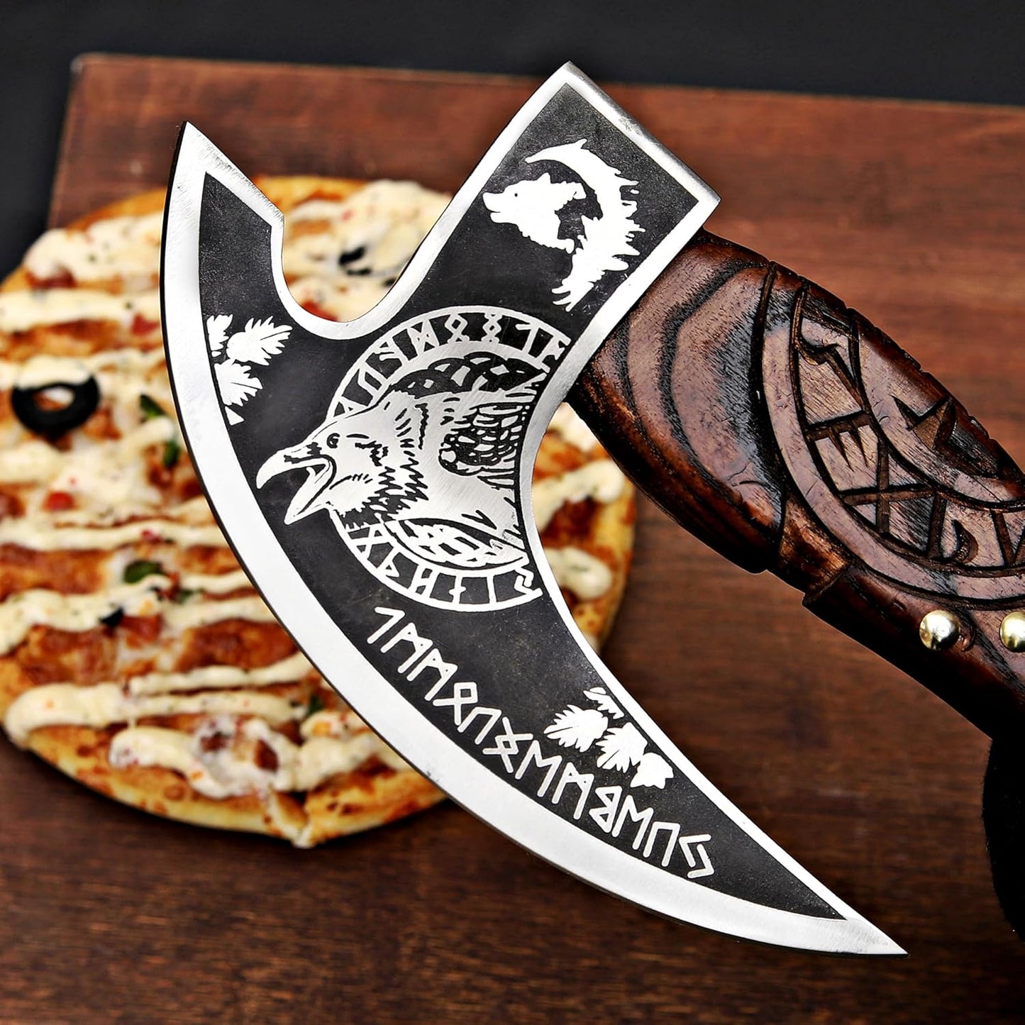 MR. CRAFT Pizza Cutter Axe Rocker Carbon Steel Slicer Chef Pizza Cutter Viking Axe with Leather Cover - Premium Pizza Oven Accessories Ulu Rocking Pizza Gift Gifts for Men (Brown Eagle)
