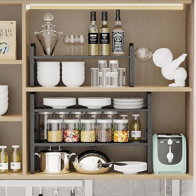 Expandable Shelf Cabinet Organizer Adjustable Stackable Spice Rack at Kitchen Bathroom More, Countertop Cupboard Organization Pantry Storage,Metal Plate with Hole (3 Packs/Black, L)